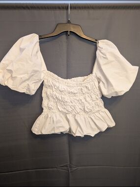 White Puff-Sleeve Smocked Peplum Crop Top